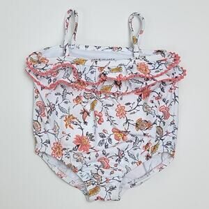 Janie and Jack Ruffled Floral Print White and Pink One Piece Swimsuit Baby 6-12M